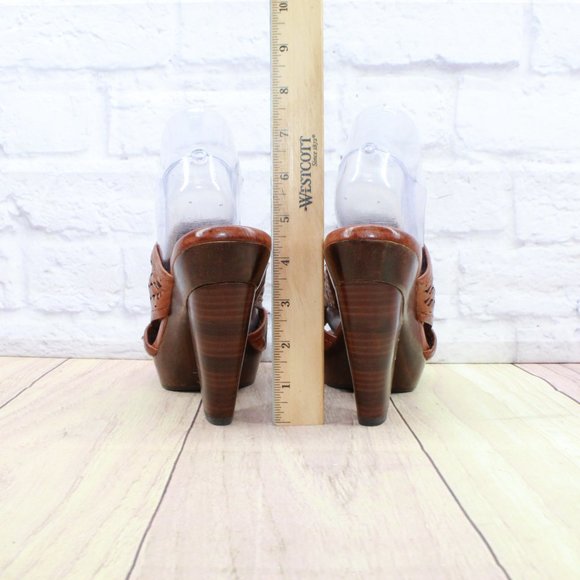 Frye Sage Cut Brown Leather Slip On Platform Heeled Sandals Size 9 Medium - Picture 6 of 9